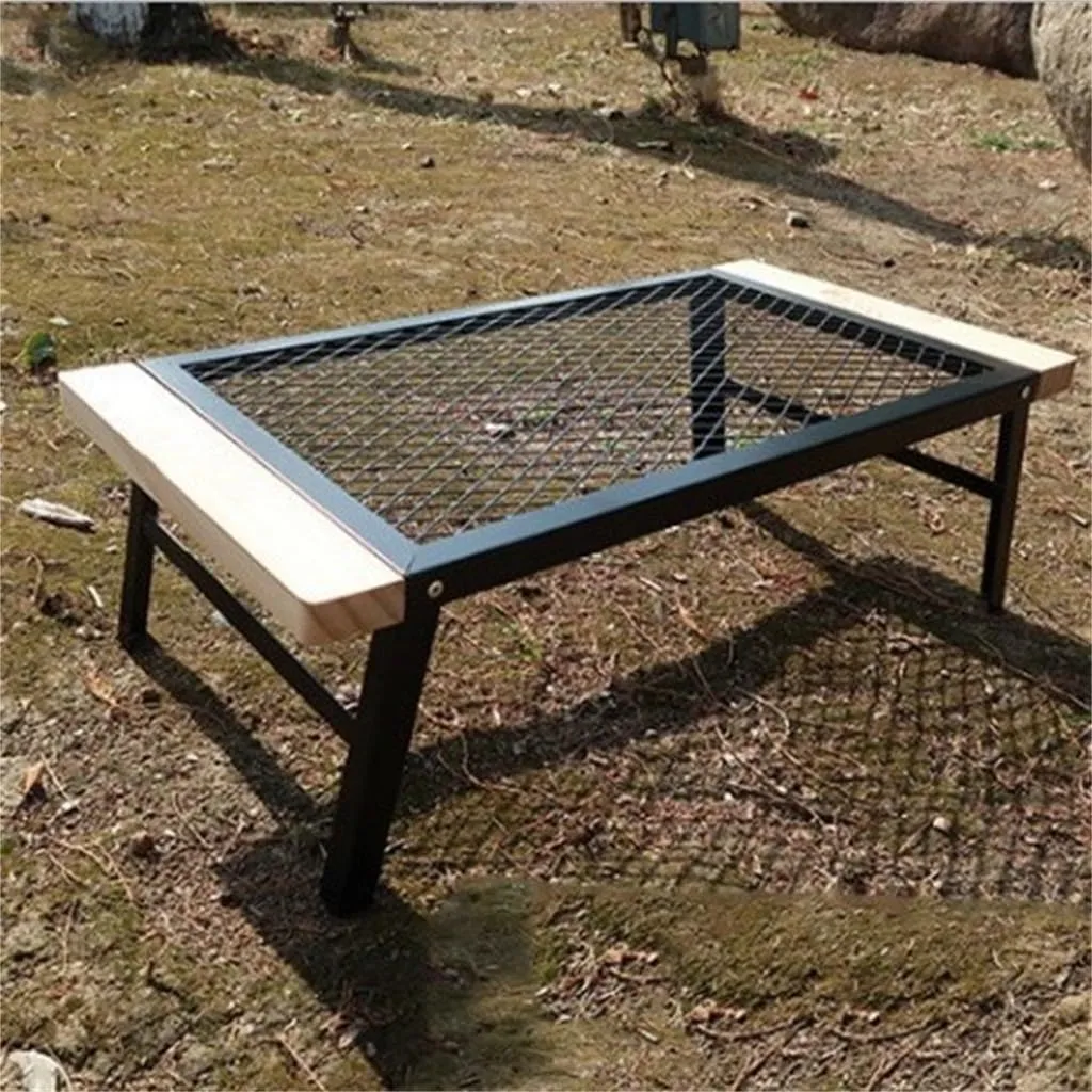 Camping Table Mini Iron Folding Table Storage BBQ Multi Functional BBQ Mesh Table with Wooden Edge