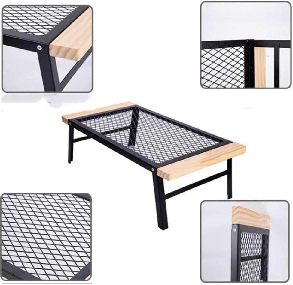 Camping Table Mini Iron Folding Table Storage BBQ Multi Functional BBQ Mesh Table with Wooden Edge