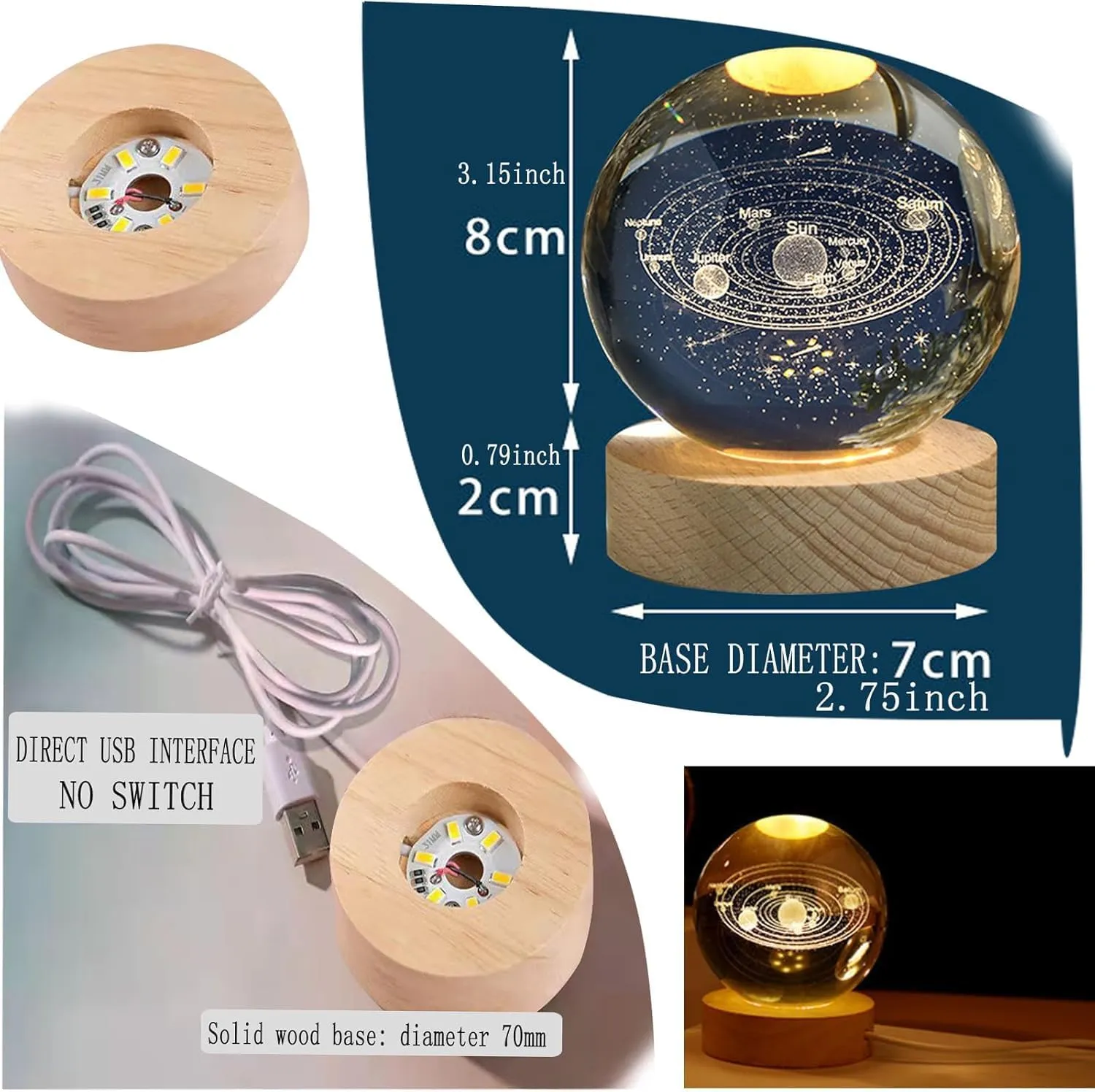 C&M 3D Solar System Crystal Ball Night Light,Solar System Figurine Lamp,Decorative Glass Sphere Ball Paperweight Crystal Sea Animal Decorations for Home (Solar System)
