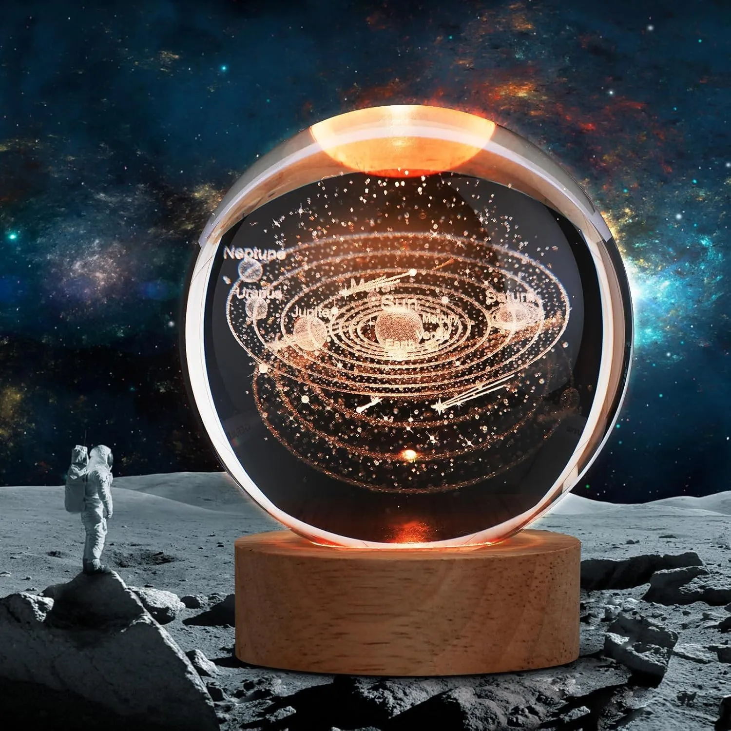 C&M 3D Solar System Crystal Ball Night Light,Solar System Figurine Lamp,Decorative Glass Sphere Ball Paperweight Crystal Sea Animal Decorations for Home (Solar System)