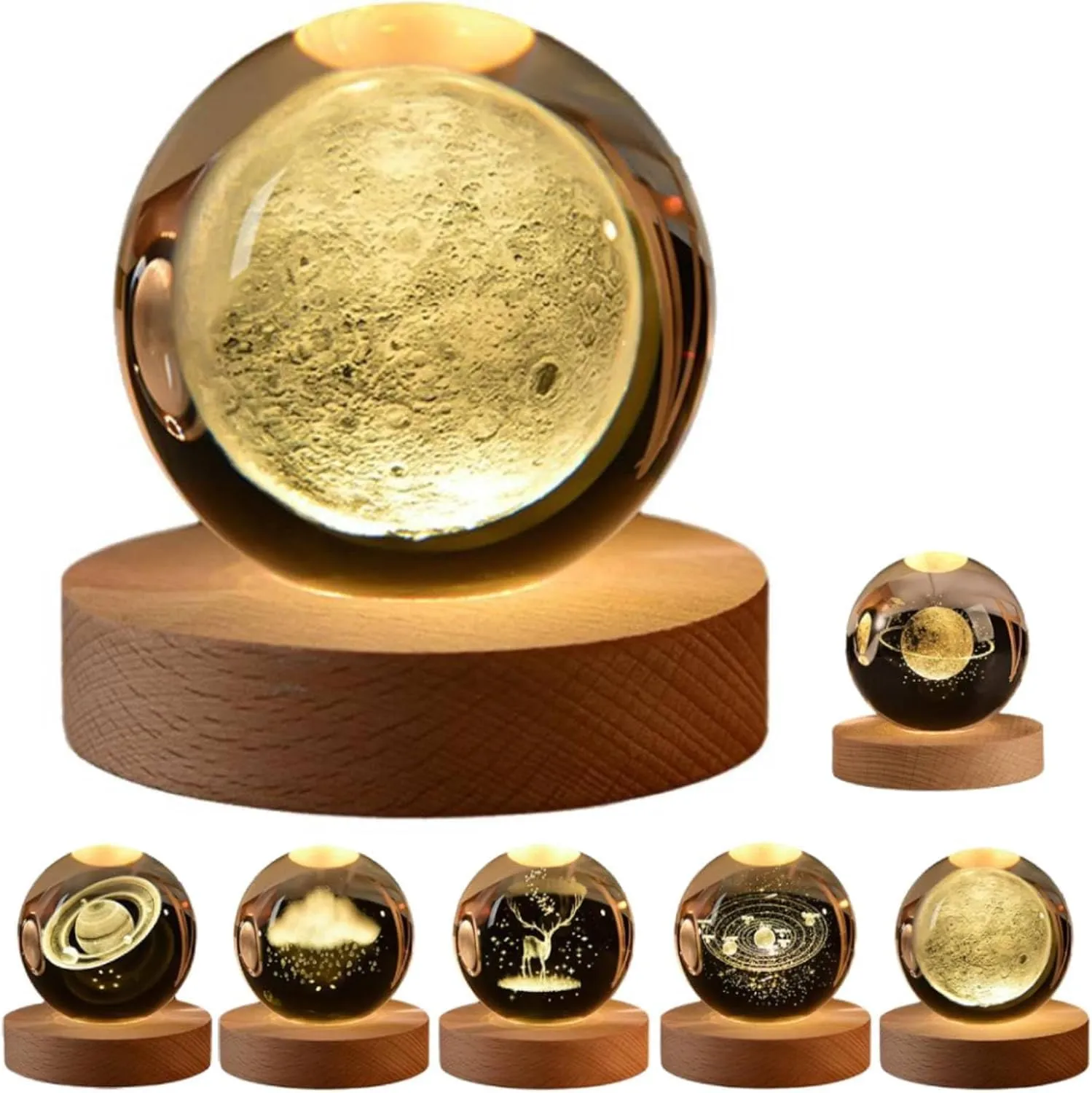 C&M 3D Solar System Crystal Ball Night Light,Solar System Figurine Lamp,Decorative Glass Sphere Ball Paperweight Crystal Sea Animal Decorations for Home (Solar System)