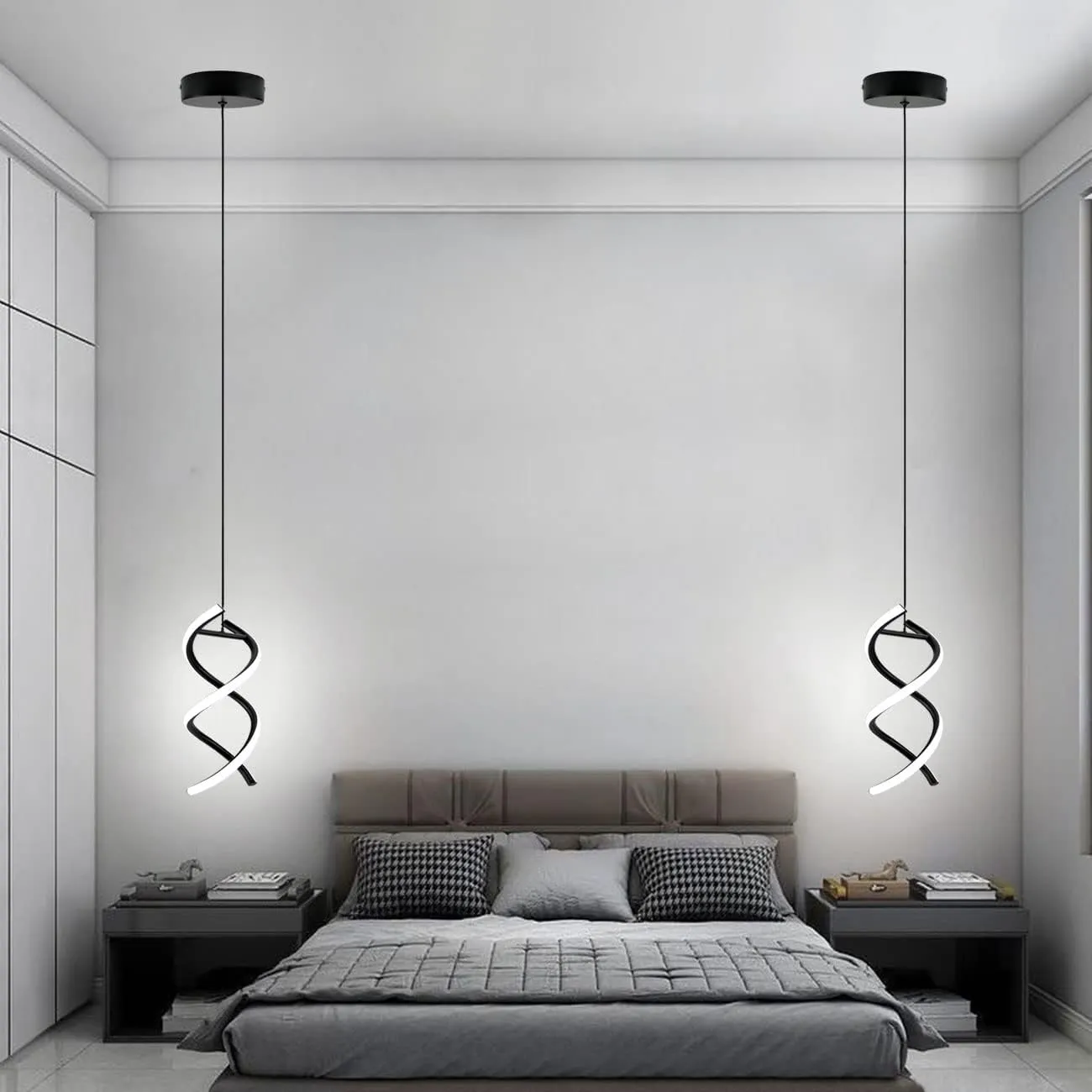 CANEOE Spiral Led Pendant Light Fixture,15W Cold White Light Modern Integrated LED Hanging Lamp, Adjustable Island Light Fixture for Living Room Bedroom Kitchen Sink, 1 Pack (Black)