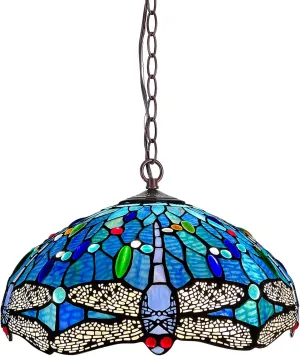 Capulina Tiffany Pendant Light 2 Light 16 Inches Wide Antique Blue Dragonfly Style Stained Glass Hanging Lamp for Dining Room Kitchen Island Home Farmhouse