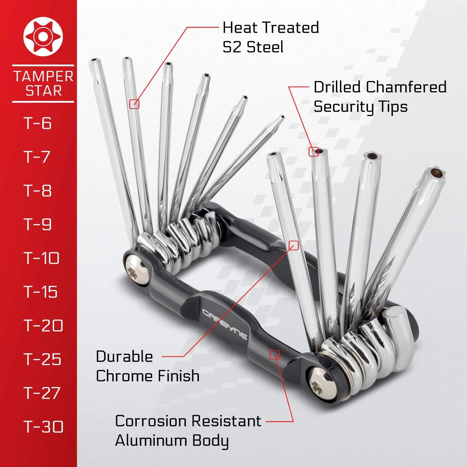 Carbyne 10-Piece Folding Tamper Proof Star (Torx) Wrench Set, Includes T-6 to T-30. Heat Treated S2 Steel