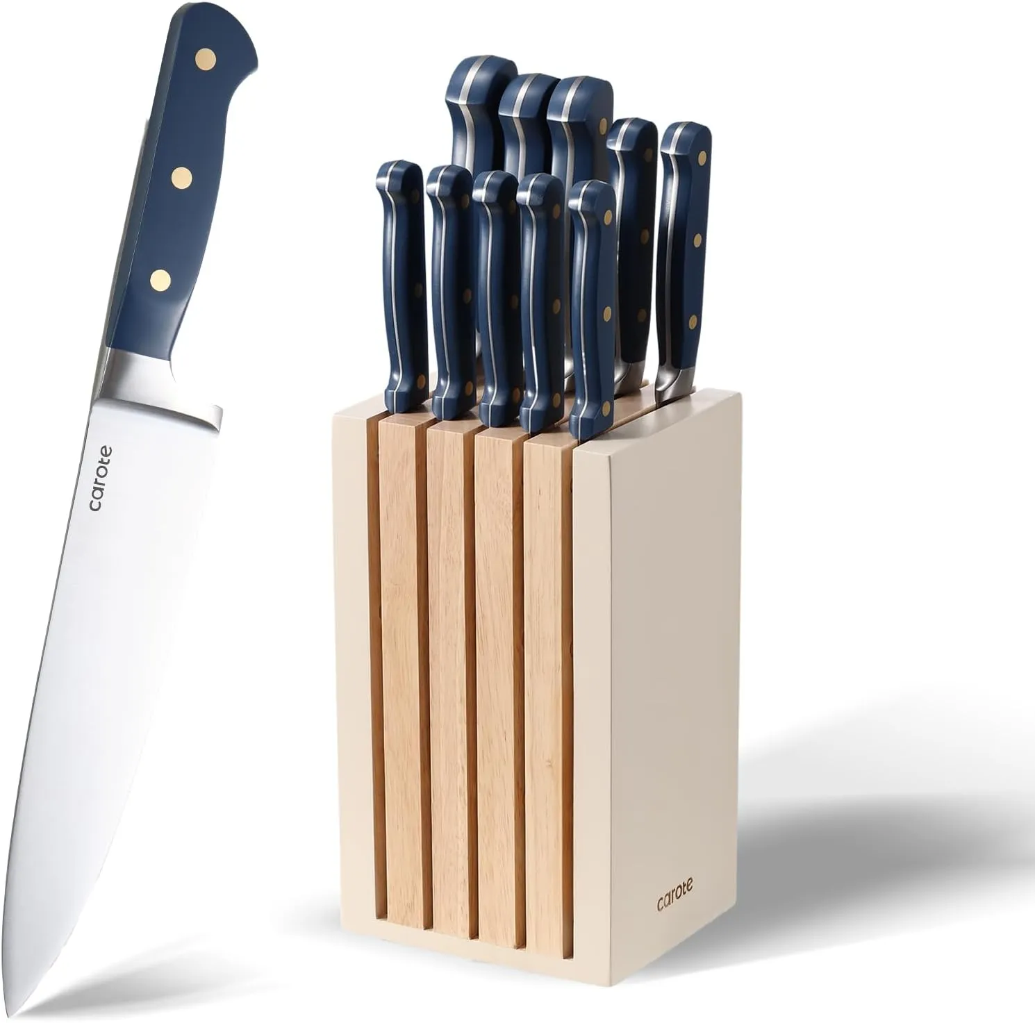CAROTE 11 Pieces Knife Set with Block for kitchen, Stainless Steel Razor-Sharp Blade, Triple Riveted Ergonomic Handle, Wooden Magnetic Block, Essential Knife Block Set, Blue