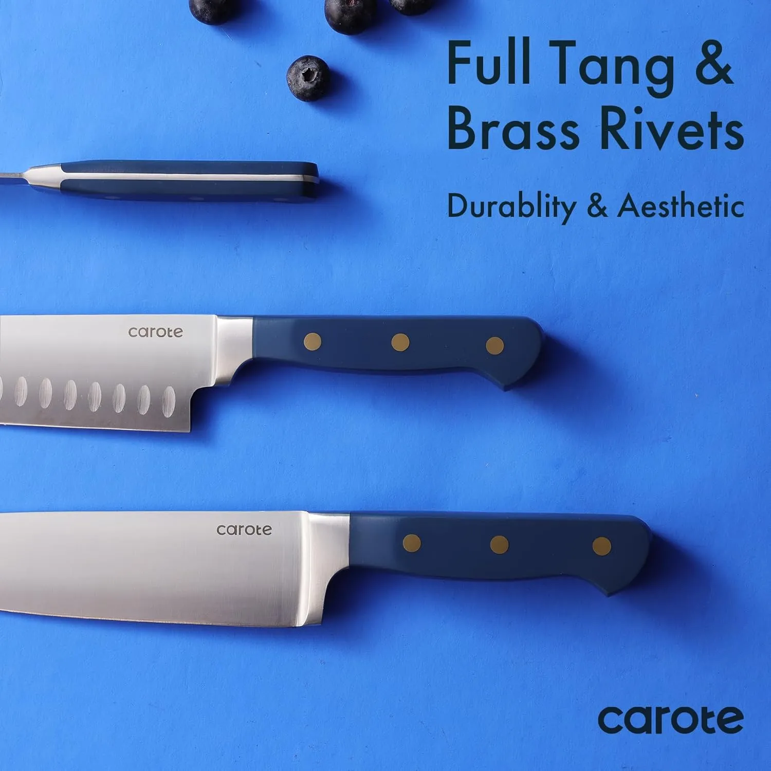 CAROTE 11 Pieces Knife Set with Block for kitchen, Stainless Steel Razor-Sharp Blade, Triple Riveted Ergonomic Handle, Wooden Magnetic Block, Essential Knife Block Set, Blue