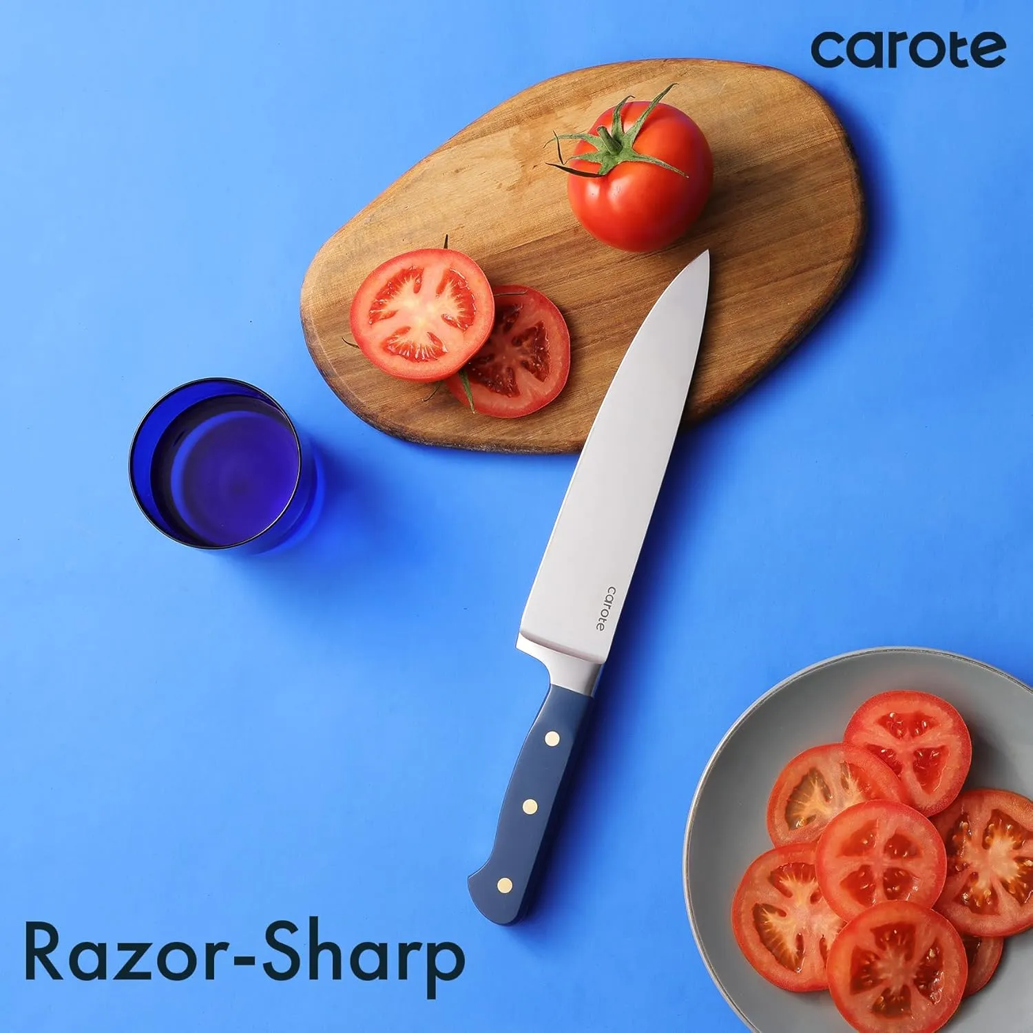CAROTE 11 Pieces Knife Set with Block for kitchen, Stainless Steel Razor-Sharp Blade, Triple Riveted Ergonomic Handle, Wooden Magnetic Block, Essential Knife Block Set, Blue