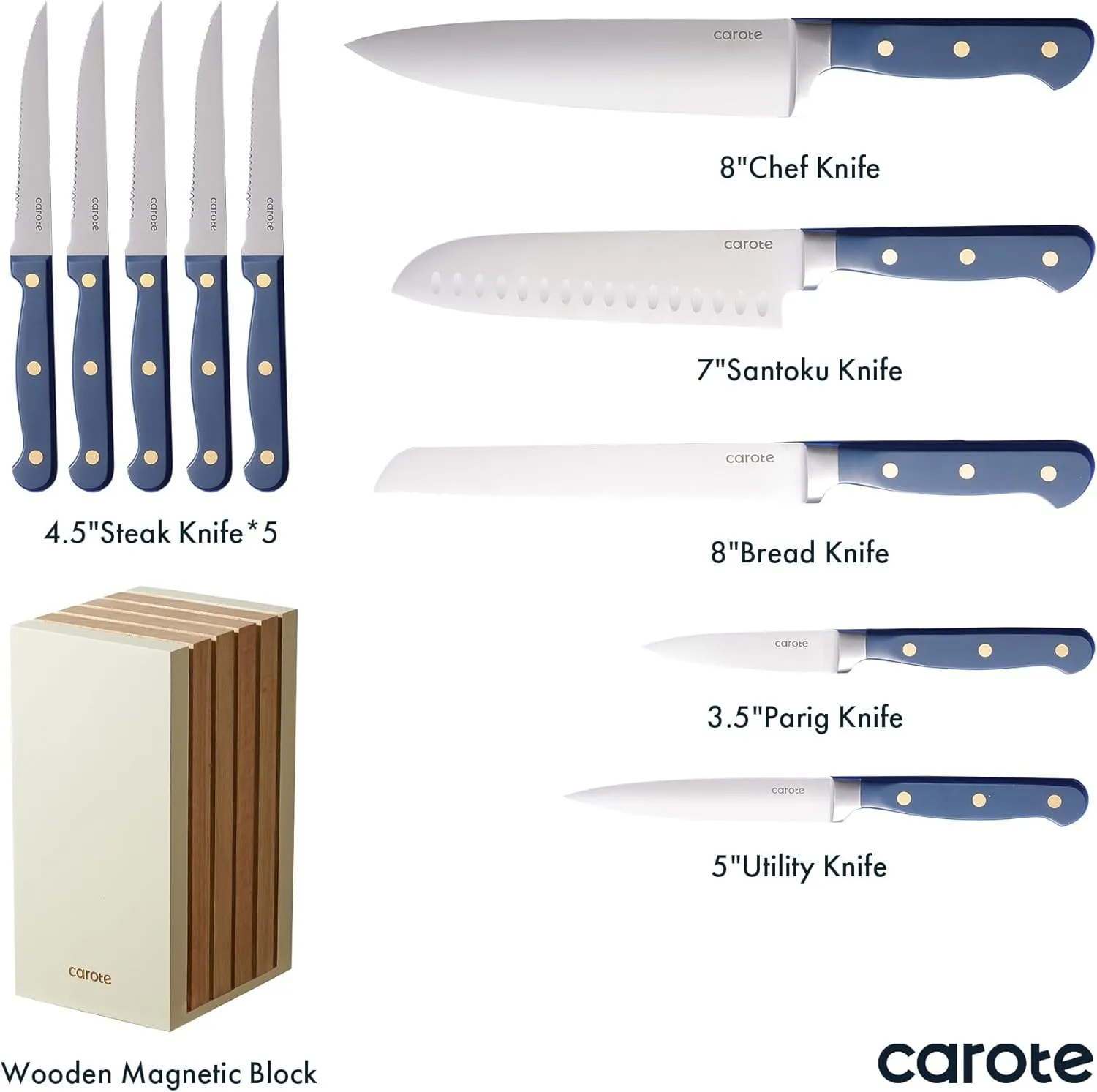 CAROTE 11 Pieces Knife Set with Block for kitchen, Stainless Steel Razor-Sharp Blade, Triple Riveted Ergonomic Handle, Wooden Magnetic Block, Essential Knife Block Set, Blue