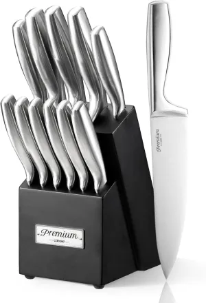 CAROTE 12 Pieces Knife Set, Stainless Steel Kitchen knife Set with Wooden Block, Block Knife Set with High Carbon Steel Blades, Razor-Sharp, Dishwasher Safe