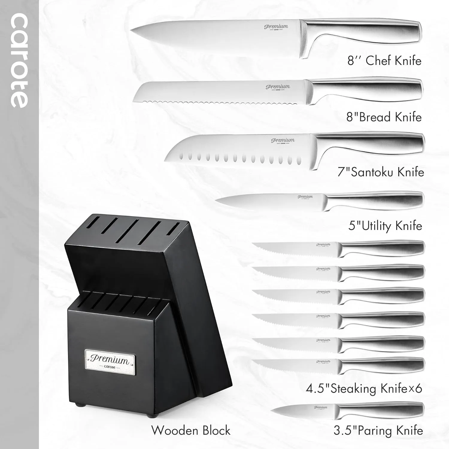 CAROTE 12 Pieces Knife Set, Stainless Steel Kitchen knife Set with Wooden Block, Block Knife Set with High Carbon Steel Blades, Razor-Sharp, Dishwasher Safe