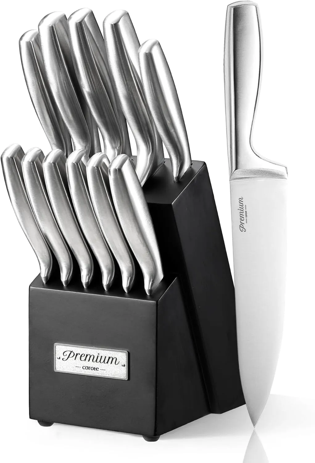 CAROTE 12 Pieces Knife Set, Stainless Steel Kitchen knife Set with Wooden Block, Block Knife Set with High Carbon Steel Blades, Razor-Sharp, Dishwasher Safe