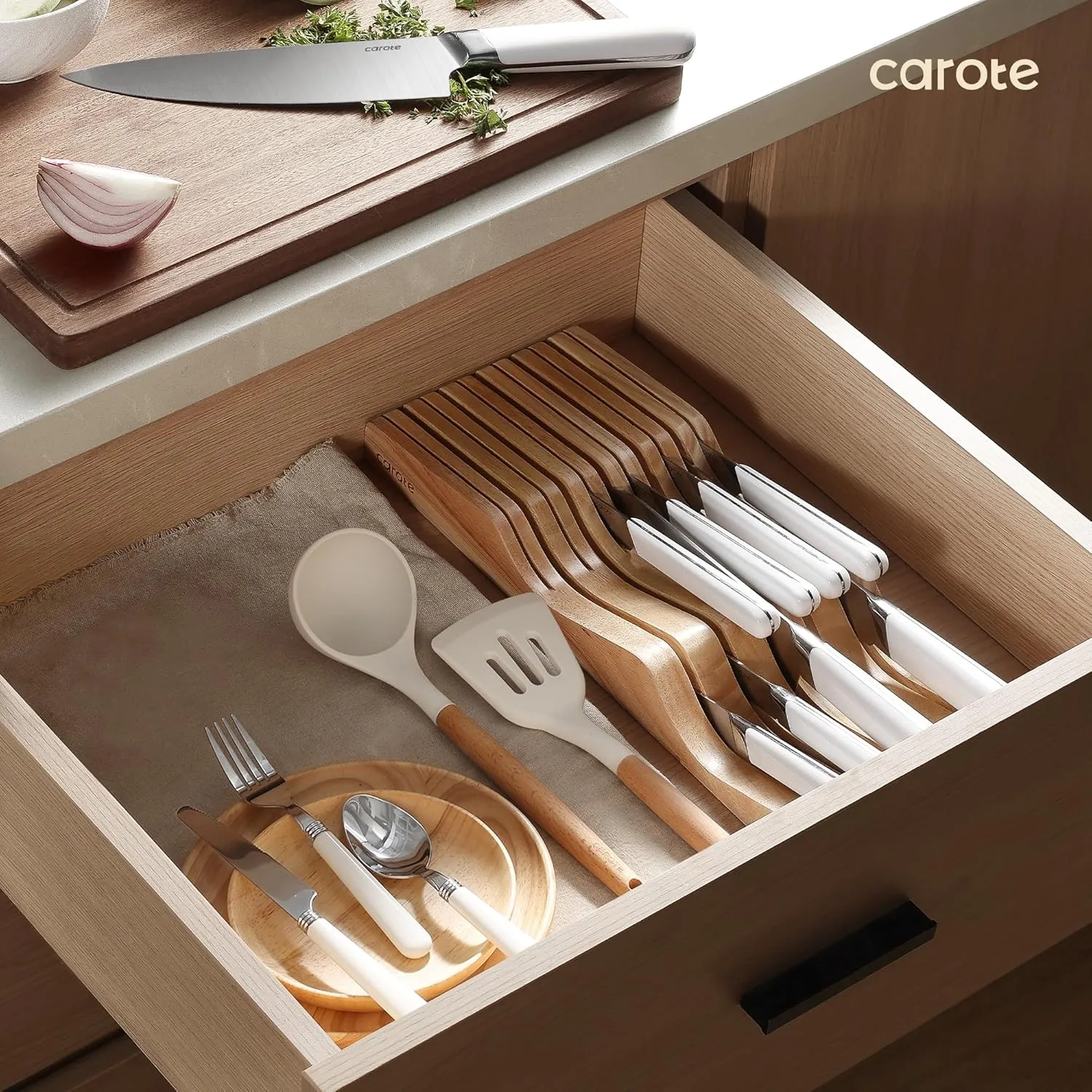 CAROTE 12PCS Knife Set, Stainless Steel Kitchen Knife Set with Drawer Store Kinife Organizer, Cutlery Set with Block, Dishwasher Safe, White (Include Knives)