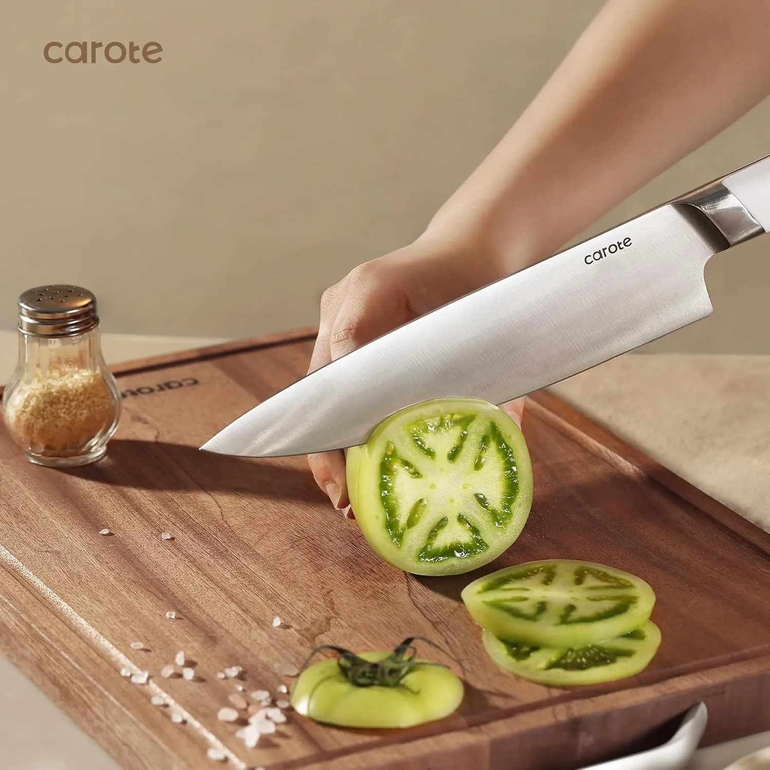 CAROTE 12PCS Knife Set, Stainless Steel Kitchen Knife Set with Drawer Store Kinife Organizer, Cutlery Set with Block, Dishwasher Safe, White (Include Knives)