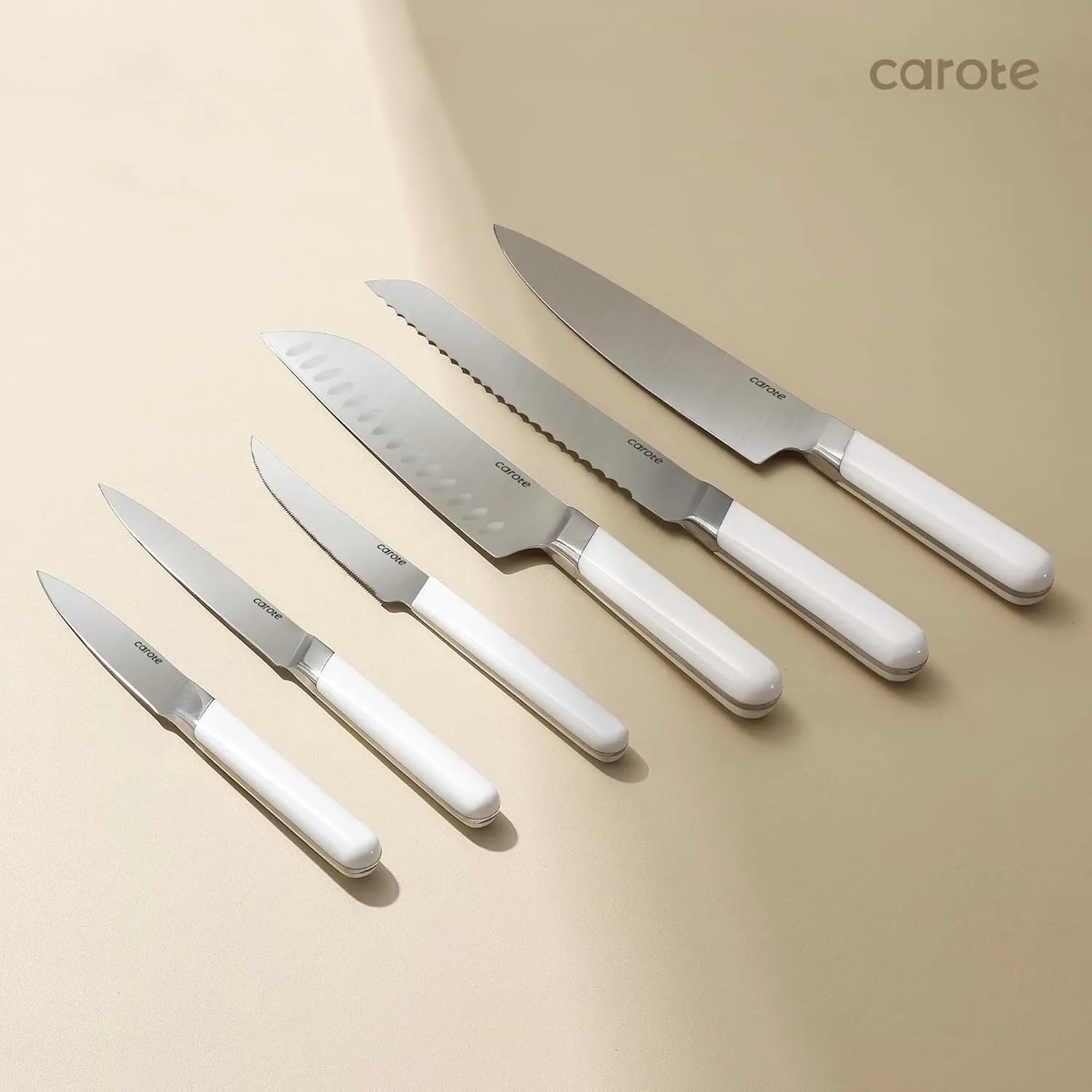 CAROTE 12PCS Knife Set, Stainless Steel Kitchen Knife Set with Drawer Store Kinife Organizer, Cutlery Set with Block, Dishwasher Safe, White (Include Knives)