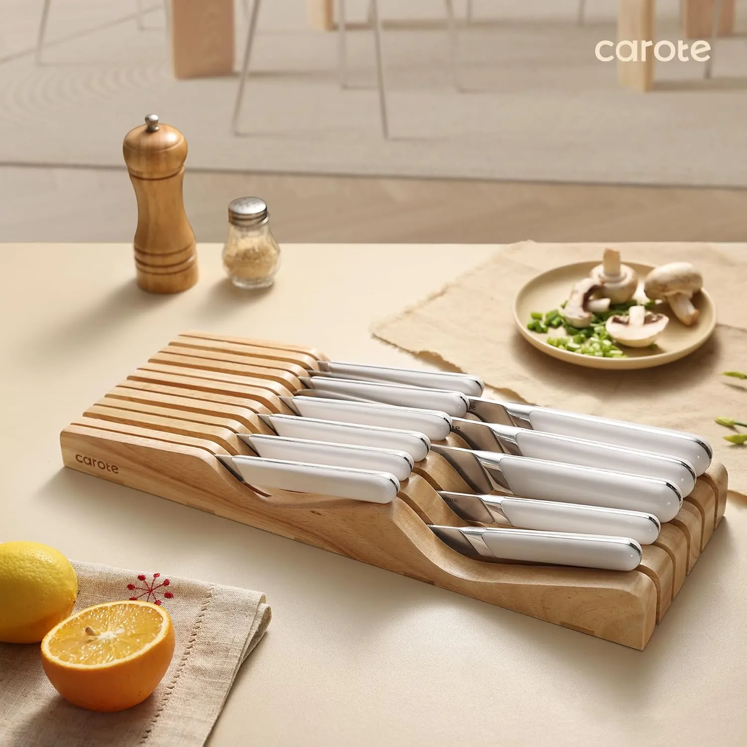 CAROTE 12PCS Knife Set, Stainless Steel Kitchen Knife Set with Drawer Store Kinife Organizer, Cutlery Set with Block, Dishwasher Safe, White (Include Knives)