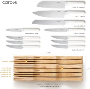 CAROTE 12PCS Knife Set, Stainless Steel Kitchen Knife Set with Drawer Store Kinife Organizer, Cutlery Set with Block, Dishwasher Safe, White (Include Knives)