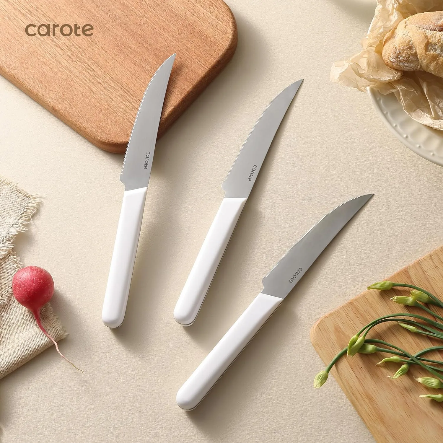 CAROTE 12PCS Knife Set, Stainless Steel Kitchen Knife Set with Drawer Store Kinife Organizer, Cutlery Set with Block, Dishwasher Safe, White (Include Knives)