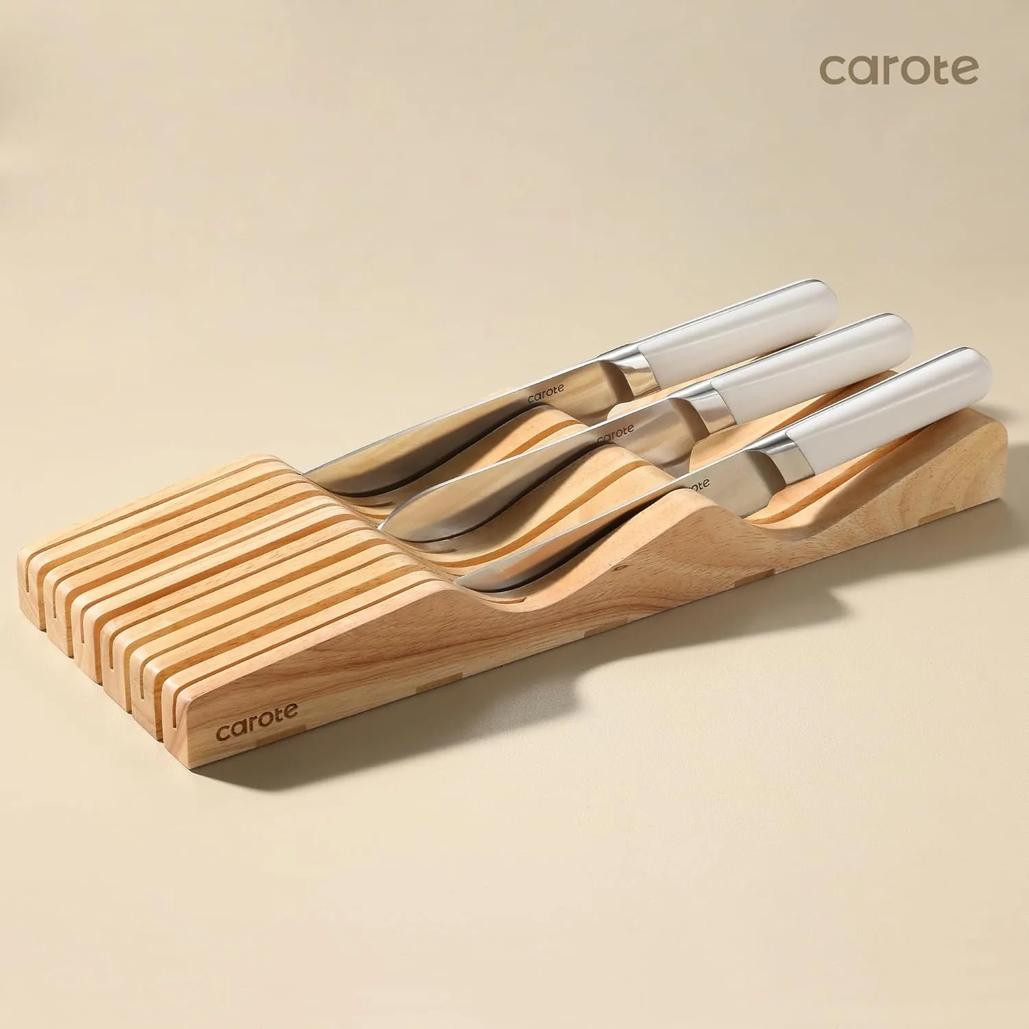 CAROTE 12PCS Knife Set, Stainless Steel Kitchen Knife Set with Drawer Store Kinife Organizer, Cutlery Set with Block, Dishwasher Safe, White (Include Knives)