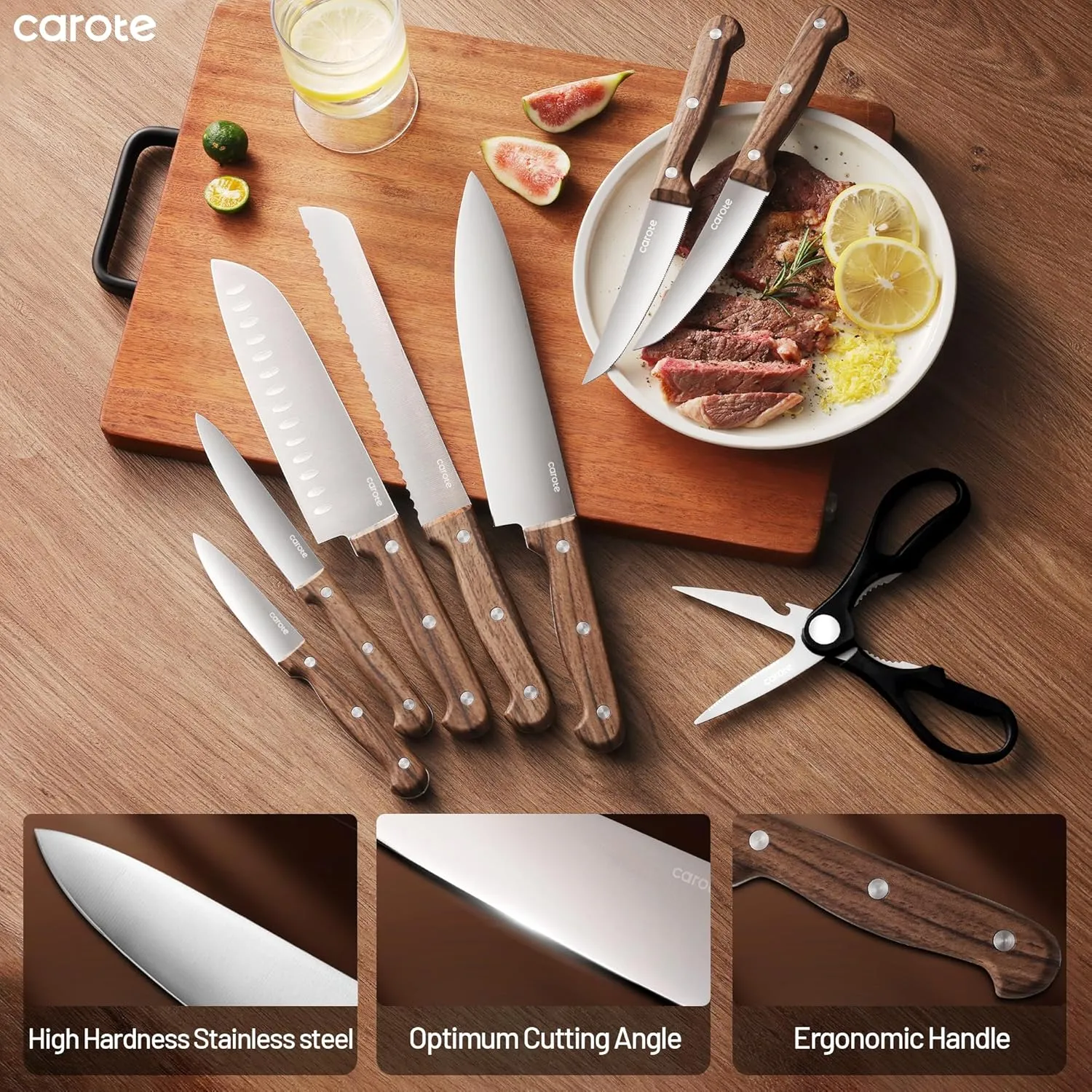 CAROTE 14PCS Knife Block Set, Kitchen Knife Set with Block and Sharpener, Stainless Steel Cutlery with Razor-Sharp Blades, Non-Slip Handle, Kitchen Shears