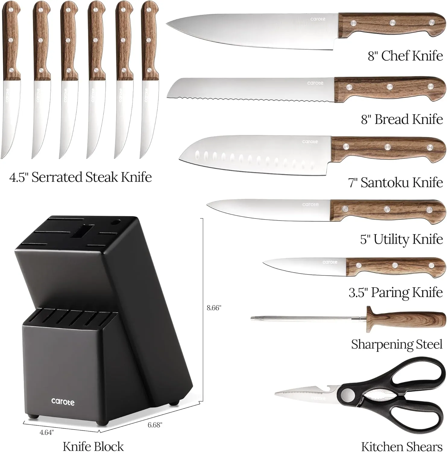 CAROTE 14PCS Knife Block Set, Kitchen Knife Set with Block and Sharpener, Stainless Steel Cutlery with Razor-Sharp Blades, Non-Slip Handle, Kitchen Shears