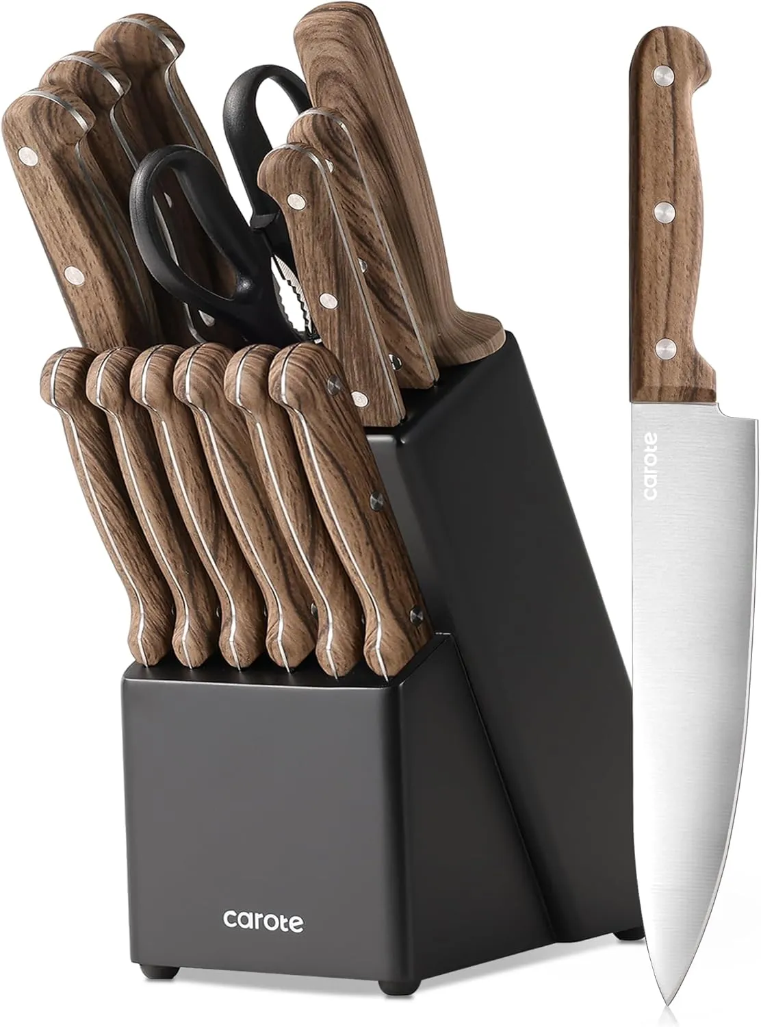 CAROTE 14PCS Knife Block Set, Kitchen Knife Set with Block and Sharpener, Stainless Steel Cutlery with Razor-Sharp Blades, Non-Slip Handle, Kitchen Shears