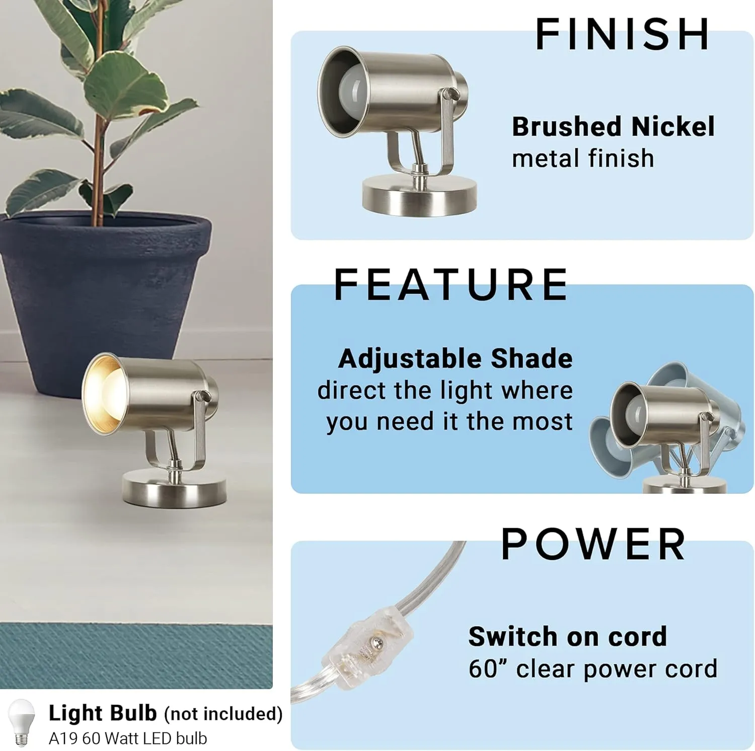 Catalina Lighting Modern Multipurpose Spotlight Desk or Wall Mount Accent Lamp, 6", Brushed Nickel, Set of 2