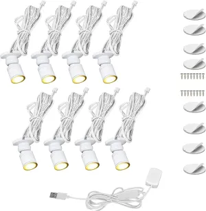 Cefrank Mini Spot Lights with Dimmer, Warm White 8 x 1W 360° Rotatable LED Spotlight Jewelry Cabinet Dimmable Wall Light, White Finish Shell (Pack-8, Warm White 3000K)