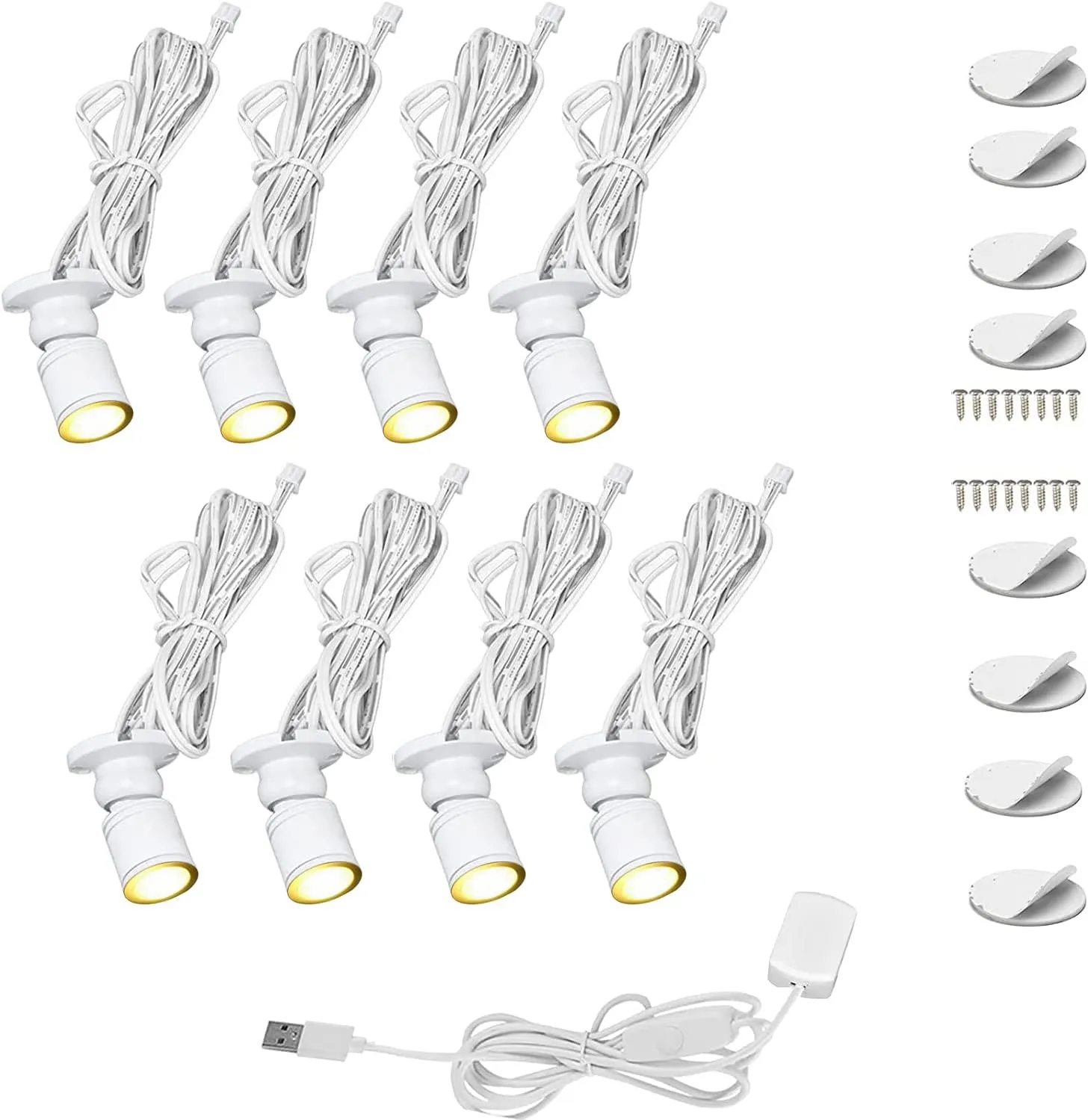 Cefrank Mini Spot Lights with Dimmer, Warm White 8 x 1W 360° Rotatable LED Spotlight Jewelry Cabinet Dimmable Wall Light, White Finish Shell (Pack-8, Warm White 3000K)