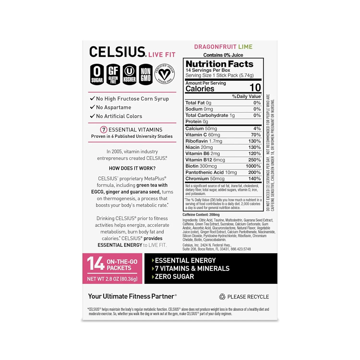 CELSIUS® On-the-Go Powder Sticks Dragonfruit Lime, Essential Energy 2.8 Oz (14 Sticks per Pack)