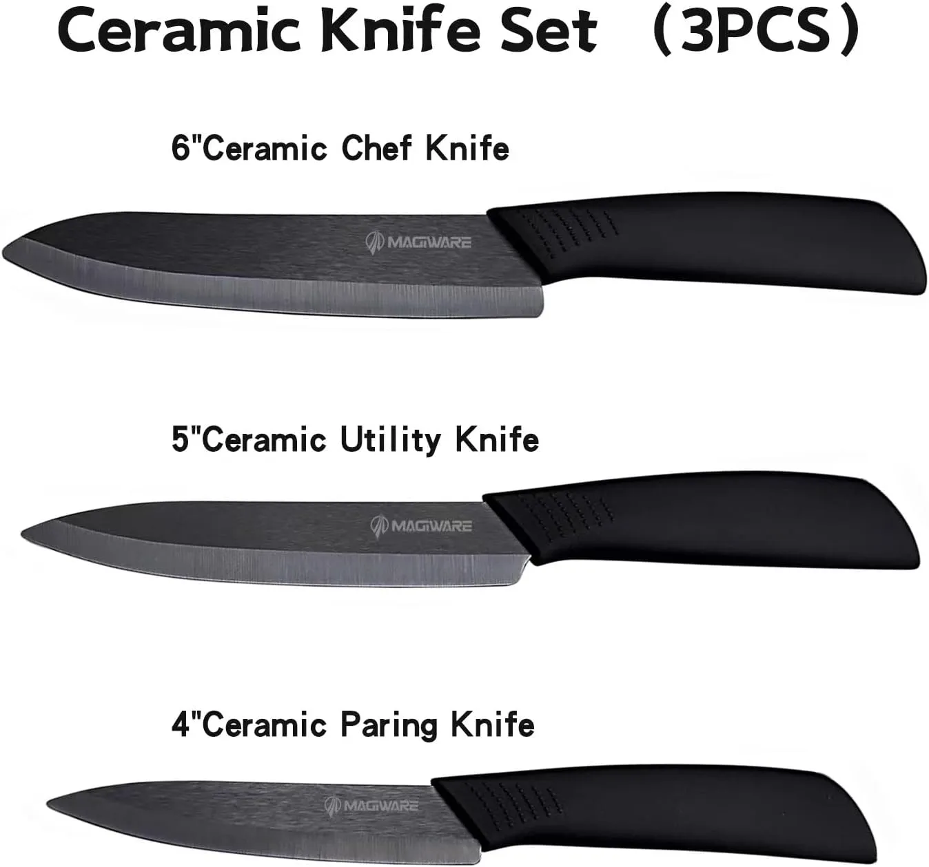 Ceramic Knives, Ceramic Knife Set with Sheaths Cover -Sharp Longer Never Rust (include 6 Inch Chef Knife, 5inch Utility Knife, and 4 Inch Paring Knife