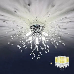 Chandeliers Crystal Flush Mount Ceiling Light, Modern Sputnik Firework Close to Ceiling Lamp, LED Flower Light Fixtures for Bedroom Kitchen Island Entryway Hallway Foyer, 5 G9 Bulbs Included