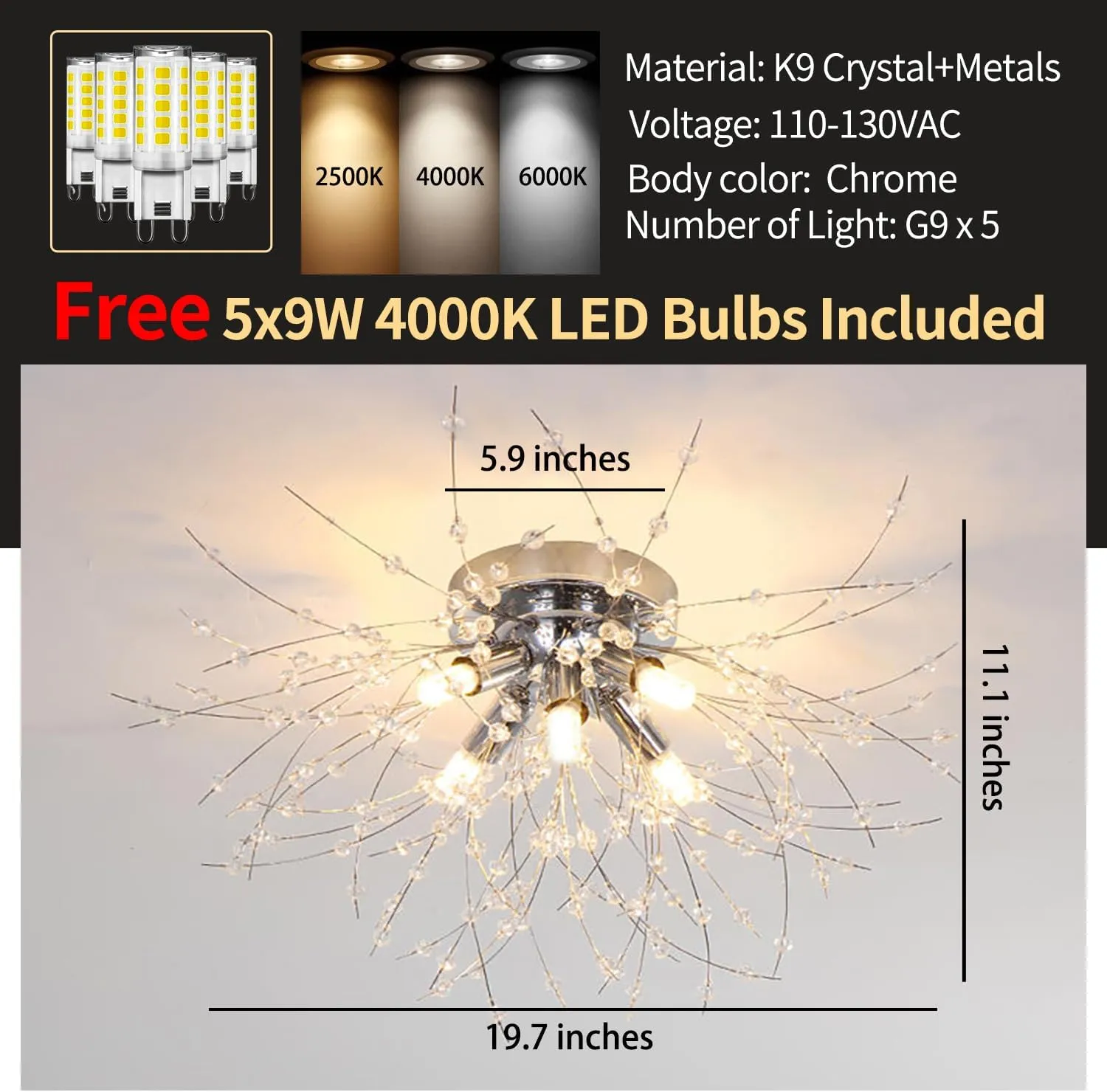 Chandeliers Crystal Flush Mount Ceiling Light, Modern Sputnik Firework Close to Ceiling Lamp, LED Flower Light Fixtures for Bedroom Kitchen Island Entryway Hallway Foyer, 5 G9 Bulbs Included