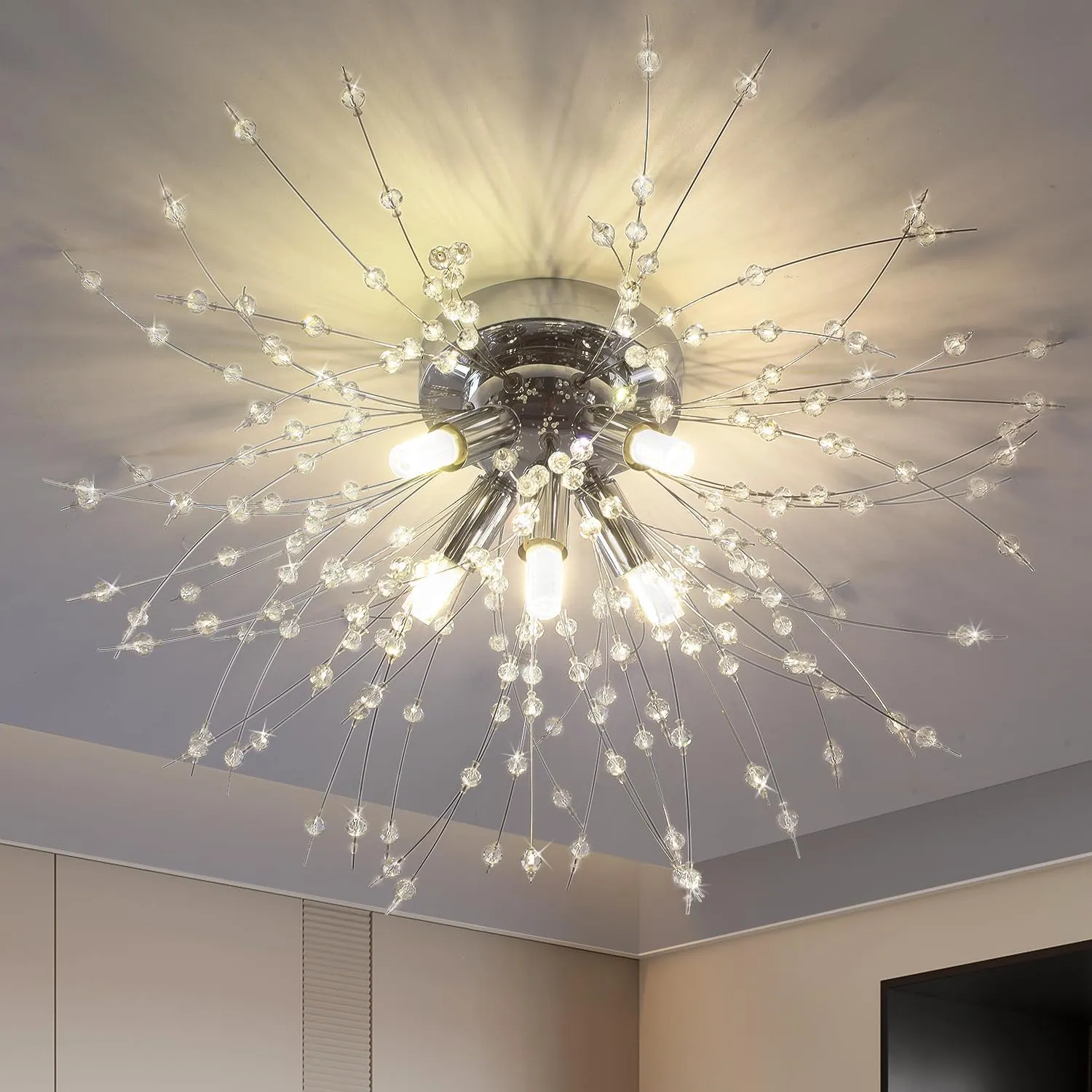 Chandeliers Crystal Flush Mount Ceiling Light, Modern Sputnik Firework Close to Ceiling Lamp, LED Flower Light Fixtures for Bedroom Kitchen Island Entryway Hallway Foyer, 5 G9 Bulbs Included
