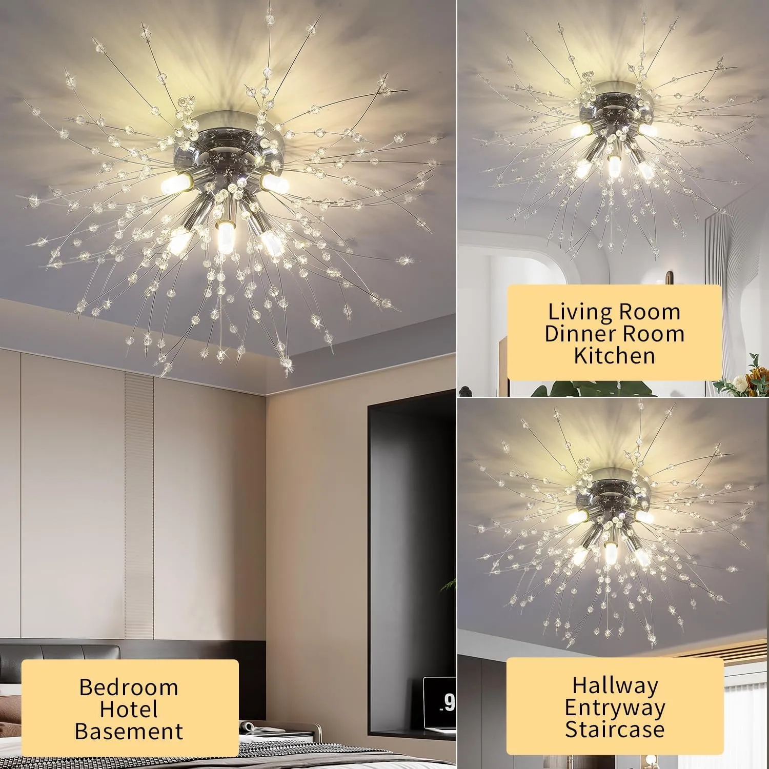 Chandeliers Crystal Flush Mount Ceiling Light, Modern Sputnik Firework Close to Ceiling Lamp, LED Flower Light Fixtures for Bedroom Kitchen Island Entryway Hallway Foyer, 5 G9 Bulbs Included