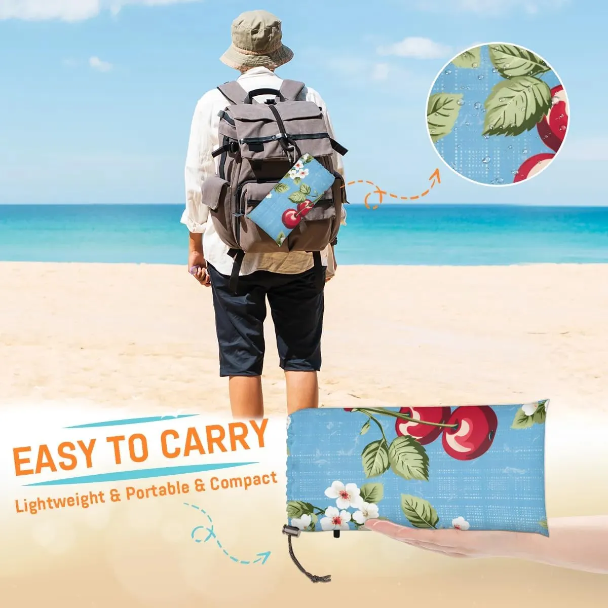Cherries Beach Blanket, Sandproof Beach Mat, 68 x 59 Waterproof Quick Drying Sand Free Mat with 4 x Ground Spikes for Outdoor Travel Camping Hiking, Japanese Cherry Blossom