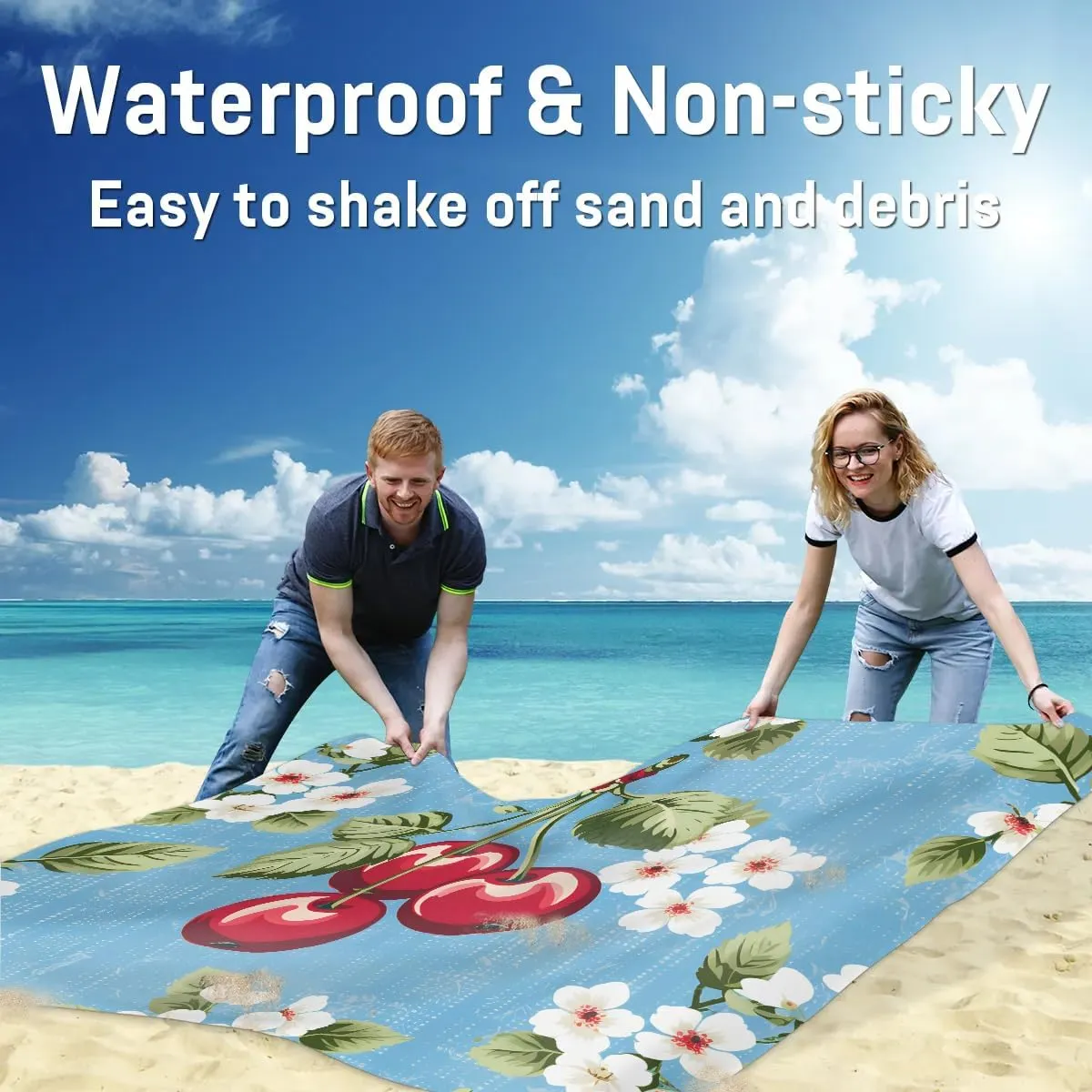 Cherries Beach Blanket, Sandproof Beach Mat, 68 x 59 Waterproof Quick Drying Sand Free Mat with 4 x Ground Spikes for Outdoor Travel Camping Hiking, Japanese Cherry Blossom