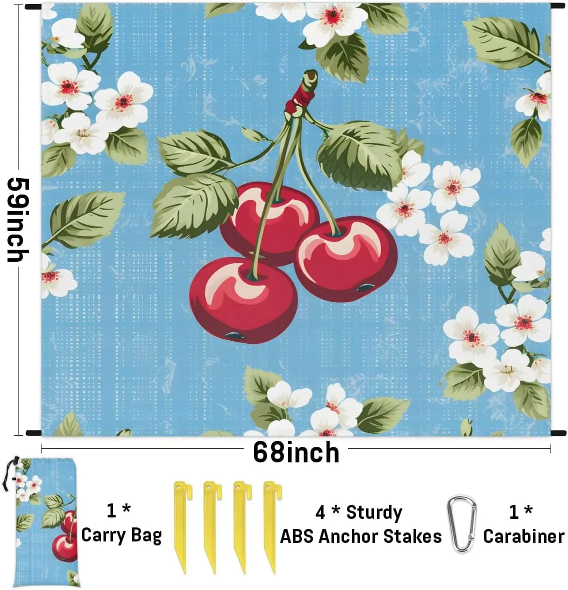 Cherries Beach Blanket, Sandproof Beach Mat, 68 x 59 Waterproof Quick Drying Sand Free Mat with 4 x Ground Spikes for Outdoor Travel Camping Hiking, Japanese Cherry Blossom