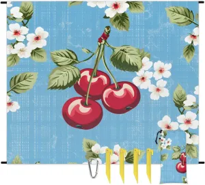 Cherries Beach Blanket, Sandproof Beach Mat, 68 x 59 Waterproof Quick Drying Sand Free Mat with 4 x Ground Spikes for Outdoor Travel Camping Hiking, Japanese Cherry Blossom