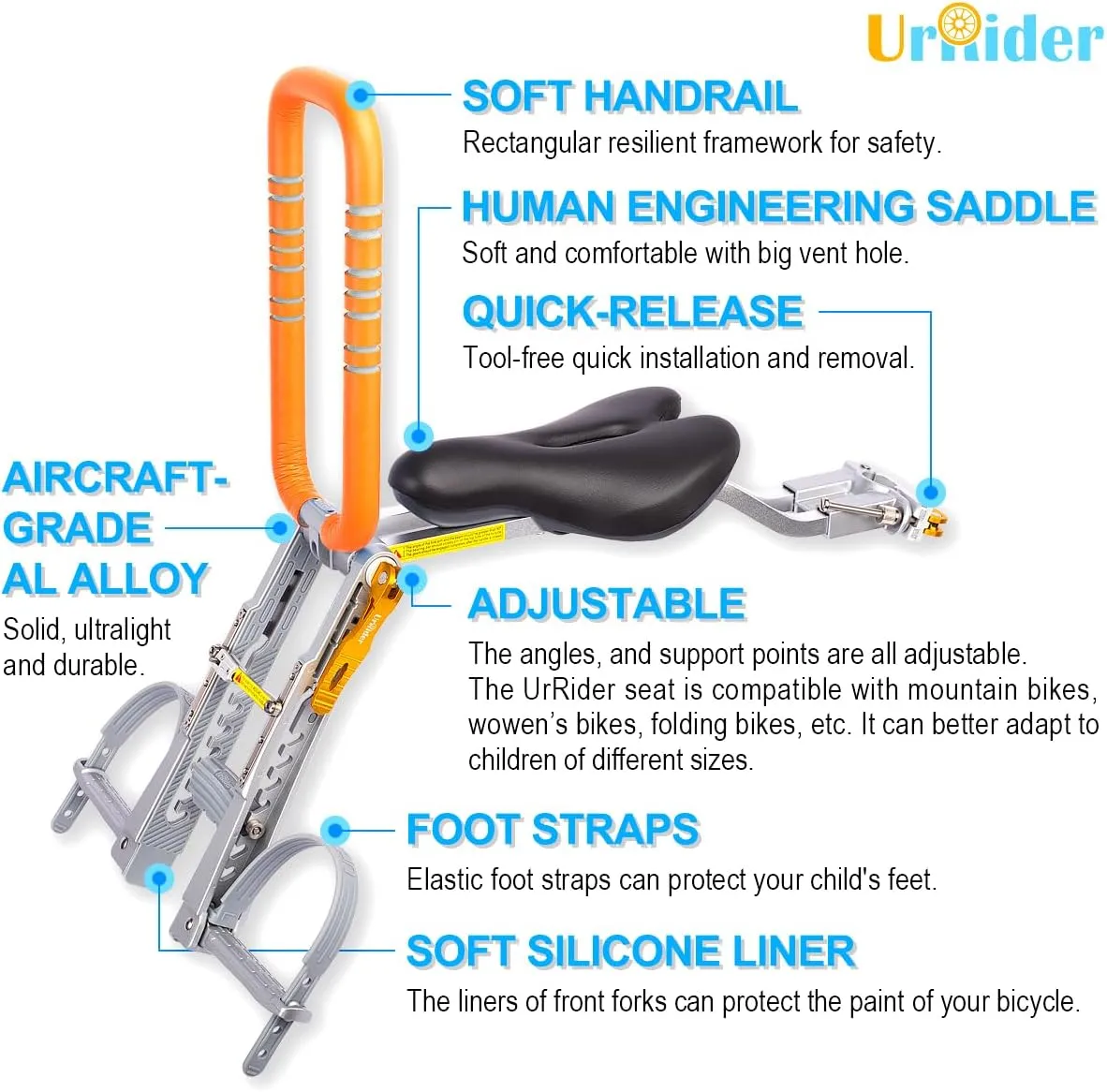 Child Bike Seat, Front Mount Kids Bike Seat,Fit Mountain Bikes, Cruiser Bikes, Folding Bikes, Ultra Light,Portable, Tool-Free, Quick-Release,Toddler Bike Seat for 2-6 Years(up to 60lbs)