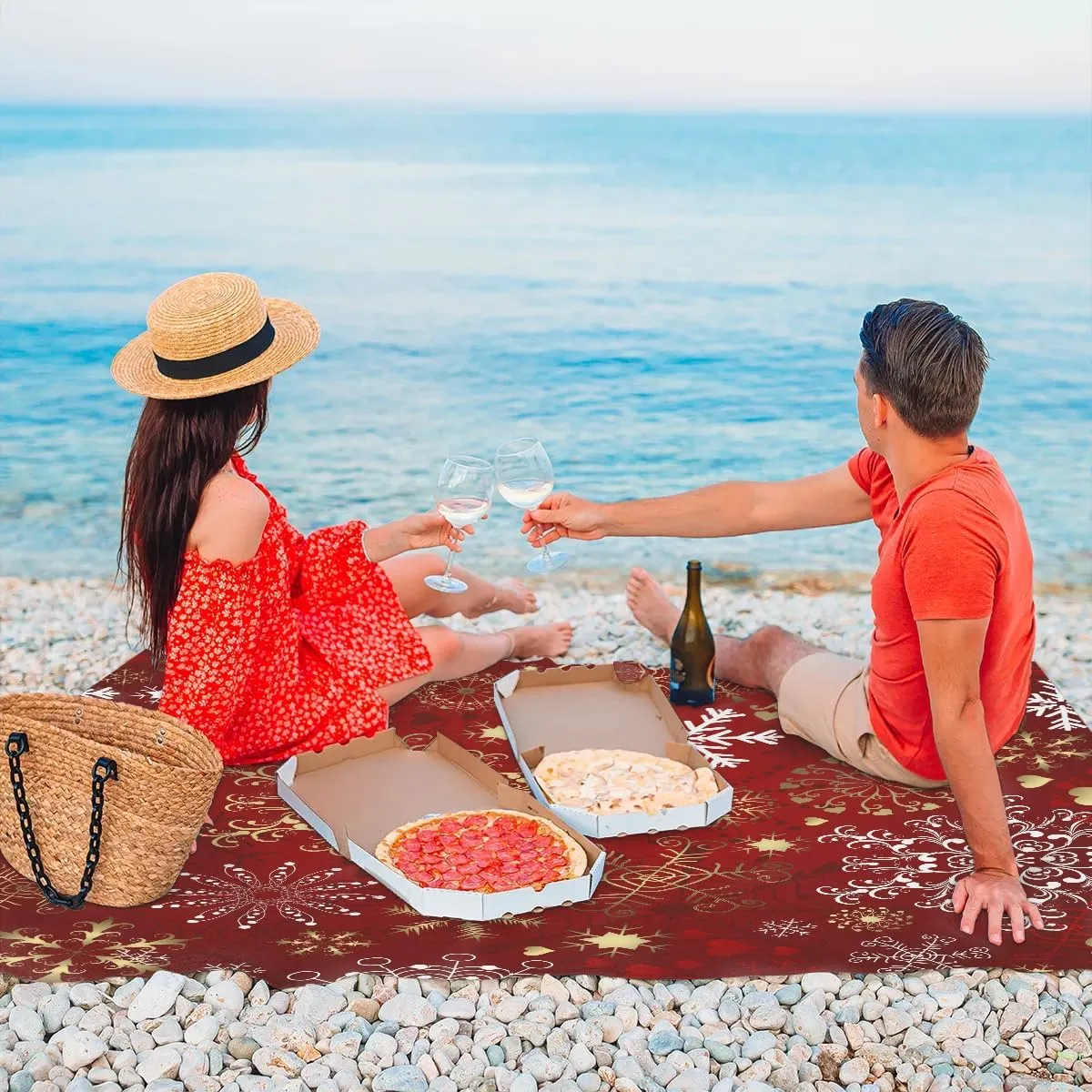 Christmas Beach Blanket, Sandproof Beach Mat, 68 x 59 Waterproof Quick Drying Sand Free Mat with 4 x Ground Spikes for Outdoor Travel Camping Hiking, red Holiday Snowflake