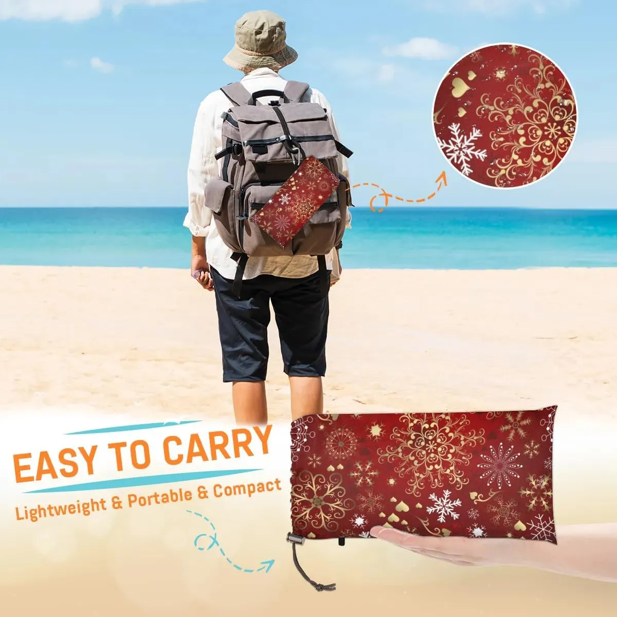 Christmas Beach Blanket, Sandproof Beach Mat, 68 x 59 Waterproof Quick Drying Sand Free Mat with 4 x Ground Spikes for Outdoor Travel Camping Hiking, red Holiday Snowflake