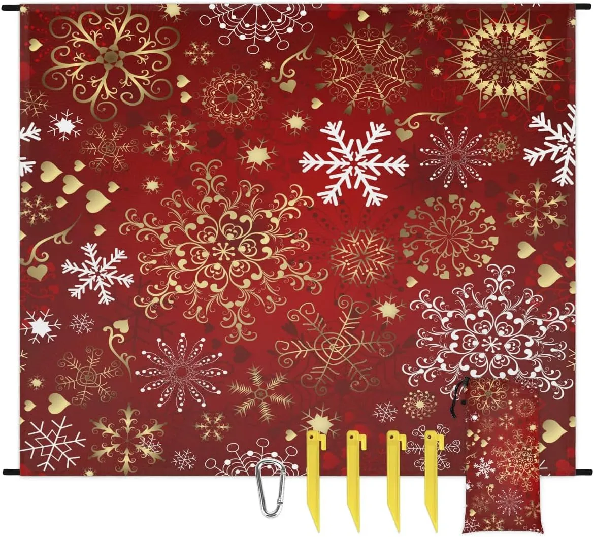 Christmas Beach Blanket, Sandproof Beach Mat, 68 x 59 Waterproof Quick Drying Sand Free Mat with 4 x Ground Spikes for Outdoor Travel Camping Hiking, red Holiday Snowflake