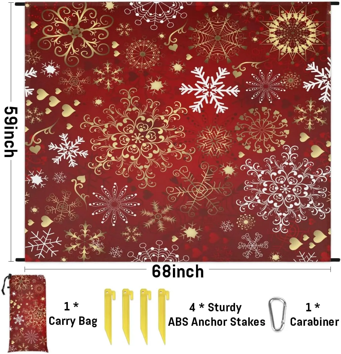Christmas Beach Blanket, Sandproof Beach Mat, 68 x 59 Waterproof Quick Drying Sand Free Mat with 4 x Ground Spikes for Outdoor Travel Camping Hiking, red Holiday Snowflake