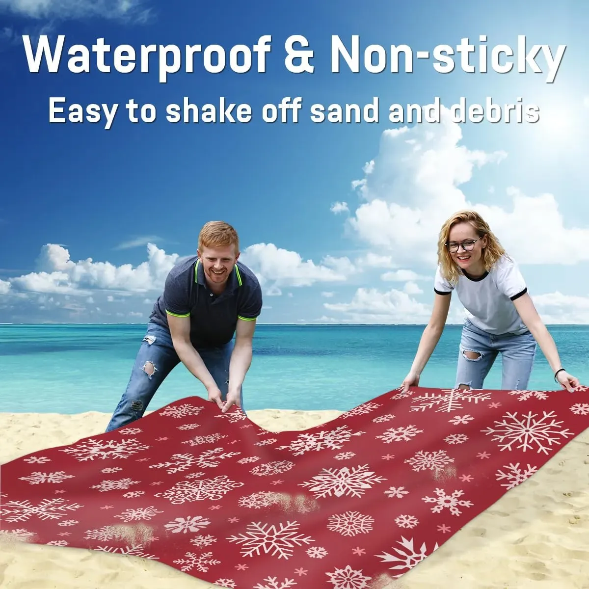 Christmas Snowflake Beach Blanket, Sandproof Beach Mat, 68 x 59 Waterproof Quick Drying Sand Free Mat with 4 x Ground Spikes for Outdoor Travel Camping Hiking, Snowflake