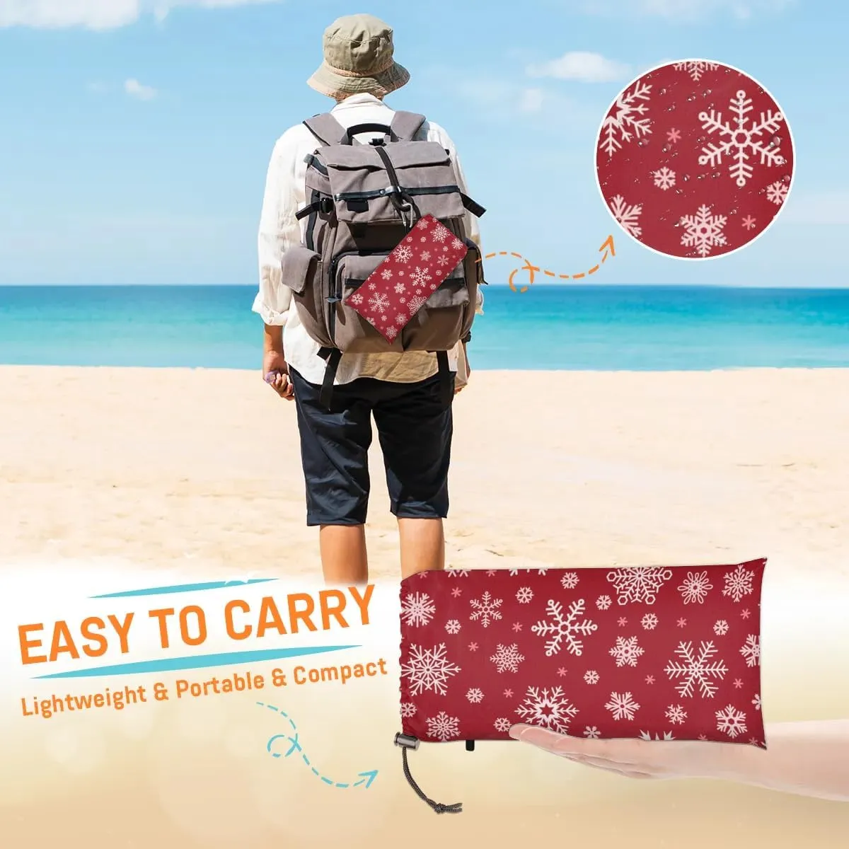 Christmas Snowflake Beach Blanket, Sandproof Beach Mat, 68 x 59 Waterproof Quick Drying Sand Free Mat with 4 x Ground Spikes for Outdoor Travel Camping Hiking, Snowflake