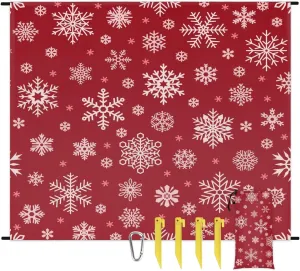 Christmas Snowflake Beach Blanket, Sandproof Beach Mat, 68 x 59 Waterproof Quick Drying Sand Free Mat with 4 x Ground Spikes for Outdoor Travel Camping Hiking, Snowflake