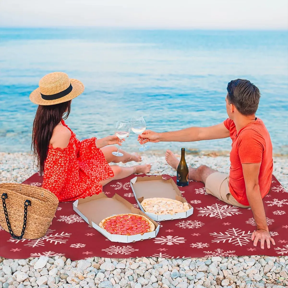 Christmas Snowflake Beach Blanket, Sandproof Beach Mat, 68 x 59 Waterproof Quick Drying Sand Free Mat with 4 x Ground Spikes for Outdoor Travel Camping Hiking, Snowflake
