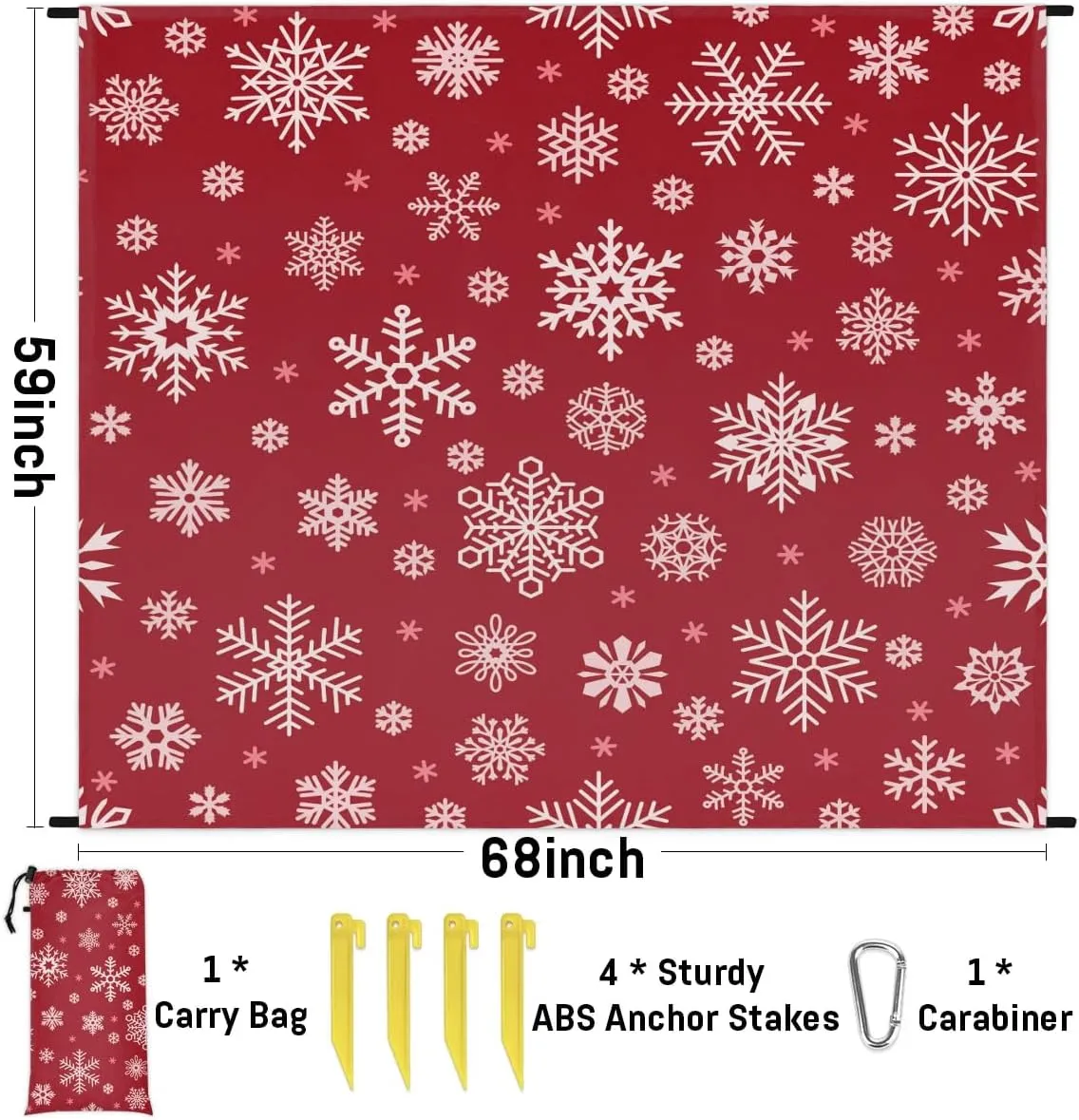 Christmas Snowflake Beach Blanket, Sandproof Beach Mat, 68 x 59 Waterproof Quick Drying Sand Free Mat with 4 x Ground Spikes for Outdoor Travel Camping Hiking, Snowflake