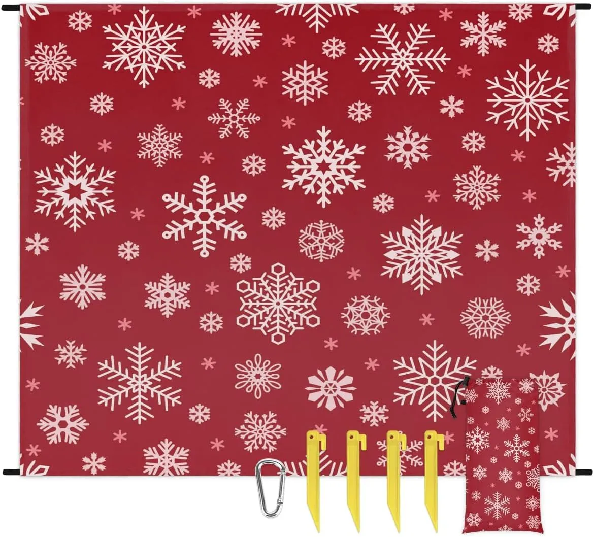 Christmas Snowflake Beach Blanket, Sandproof Beach Mat, 68 x 59 Waterproof Quick Drying Sand Free Mat with 4 x Ground Spikes for Outdoor Travel Camping Hiking, Snowflake