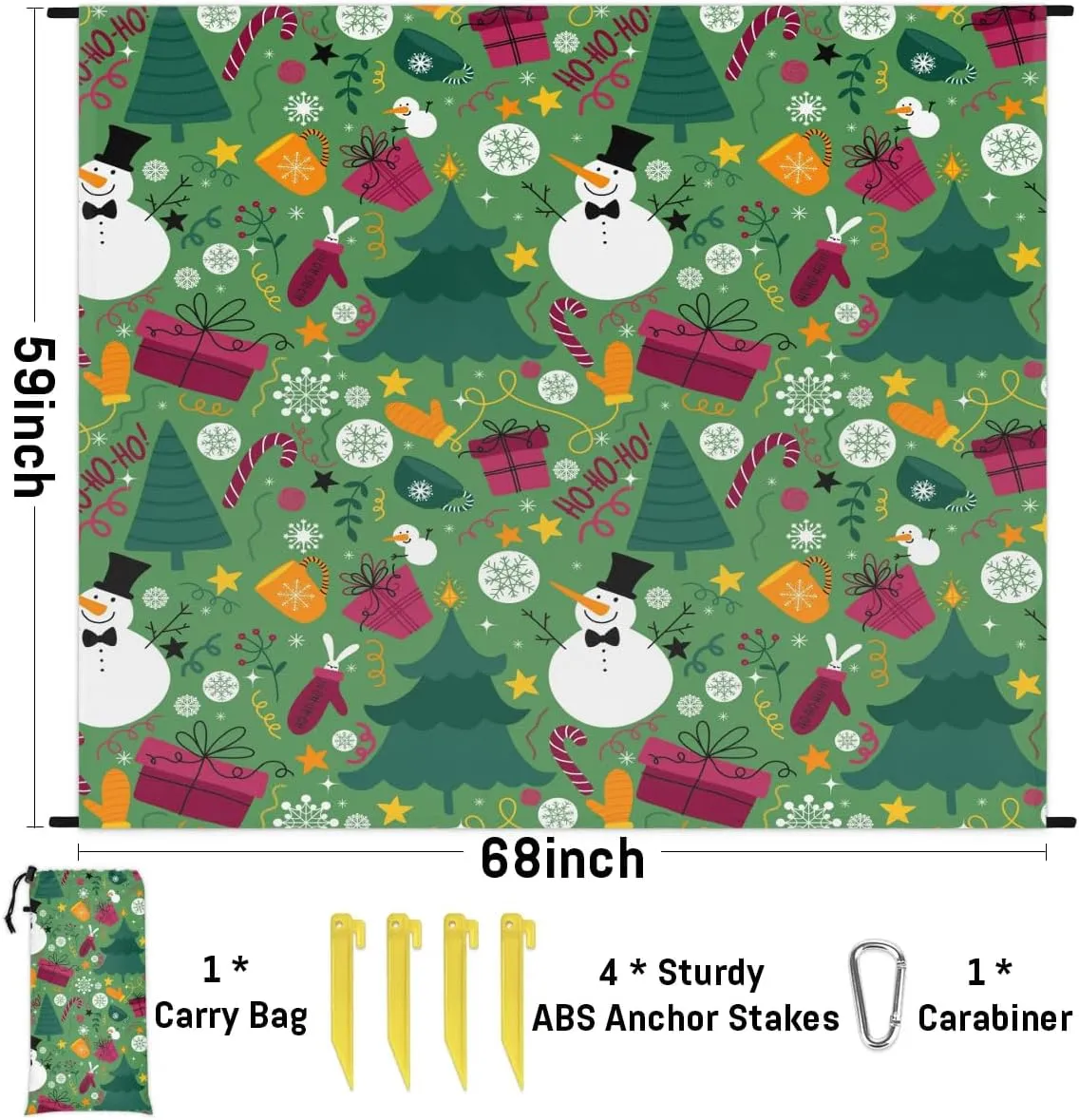 Christmas Tree Beach Blanket, Sandproof Beach Mat, 68 x 59 Waterproof Quick Drying Sand Free Mat with 4 x Ground Spikes for Outdoor Travel Camping Hiking, Snowman Prints